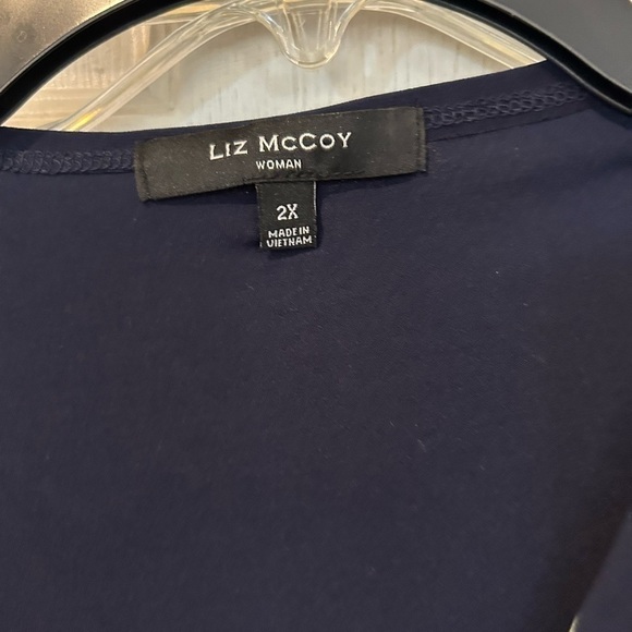 NWOT Liz Mcoy Navy Knit Top With Chiffon Floral Tie and Short Sleeves - Picture 2 of 11